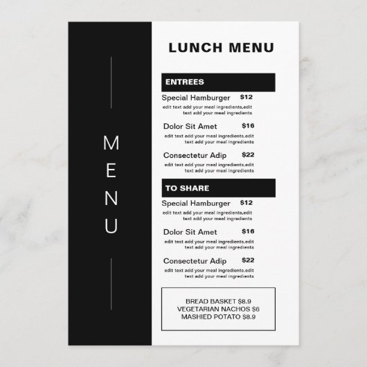 Menu du déjeuner du restaurant noir moderne | List (Devant)