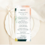 Menu du dîner Abstrait coloré<br><div class="desc">Ce menu de dîner abstrait et coloré est parfait pour votre mariage boho moderne unique. Peint à la main avec des marques texturées de vert émeraude foncé, de pêche et de moutarde, le tout recouvert d'un carré transparent minimaliste, il est sûr de donner à votre occasion une sensation bohème simple...</div>