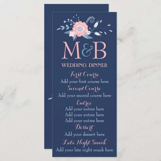 Menu du dîner bleu et blanc mariage modèle (Devant / Derrière)