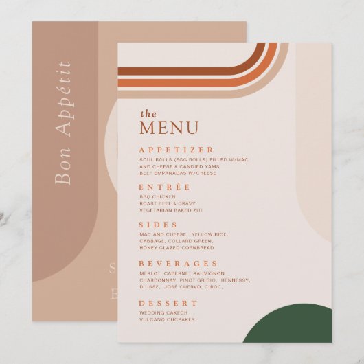 Menu du dîner Boho Arch Terracotta Rouille Beige (Devant / Derrière)