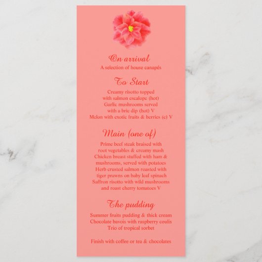 Menu du dîner Camellia rouge mariage (Dos)