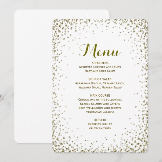 Menu du dîner | Confettis dorés (Devant / Derrière)