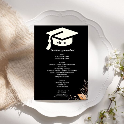 Menu du dîner de la soirée Whimsical black Graduat
