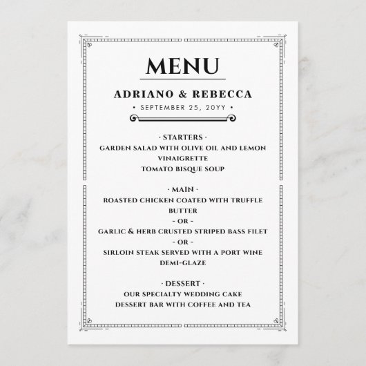 Menu du dîner de mariage (Devant)