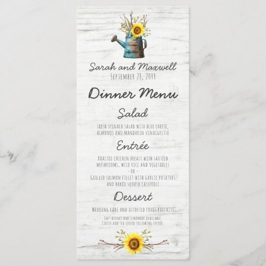 Menu du dîner de mariage à la ferme Sunflower & Ru (Devant)
