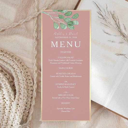 Menu du dîner de mariage botanique Rose Poussiéreu