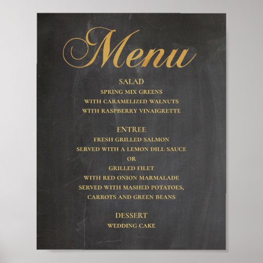 Menu du dîner de mariage doré. Tableau noir élégan (Devant)