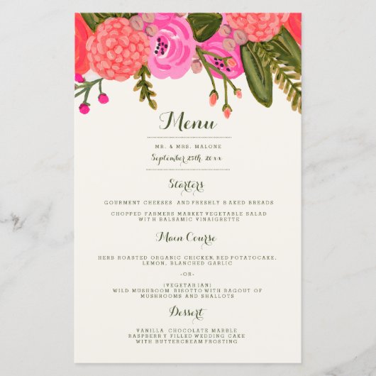 Menu du dîner de mariage du jardin vintage (Devant)