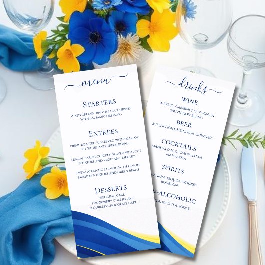 Menu du dîner de mariage et du bar Bleu et Jaune