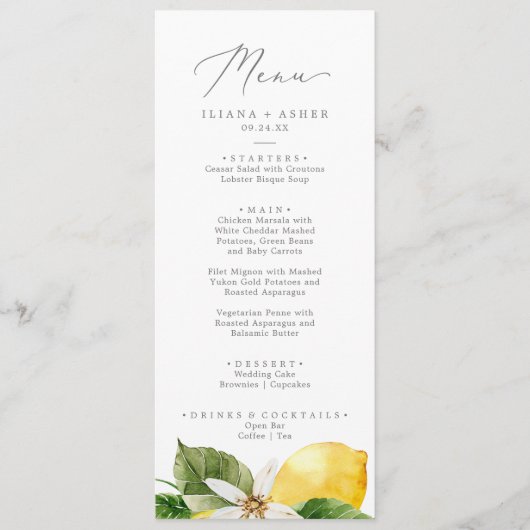Menu du dîner de mariage moderne Lemon Garden (Devant)