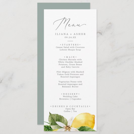 Menu du dîner de mariage moderne Lemon Garden (Devant / Derrière)