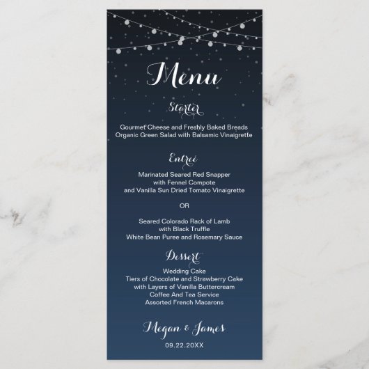 Menu du dîner de mariage rustique sous les étoiles (Devant)