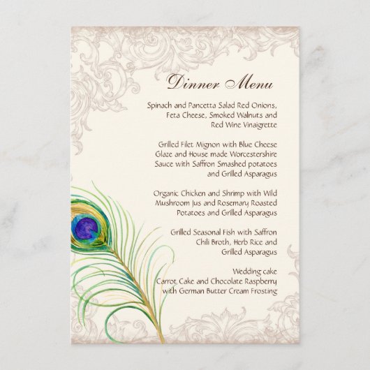 Menu du Dîner de Mariage Vintage Plume de Paon Gra (Devant)