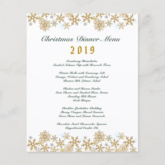 Menu du dîner de Noël aux flocons d'or (Devant)