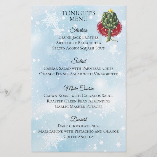 Menu du dîner de Noël de l'arbre Artichoke (Devant)