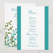 Menu du dîner de réception de mariage bleu et vert (Devant / Derrière)