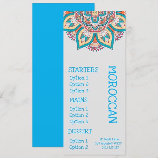 menu du dîner de restaurant marocain (Devant / Derrière)