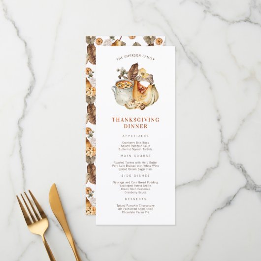 Menu du dîner de Thanksgiving (Devant/Arrière en situation)