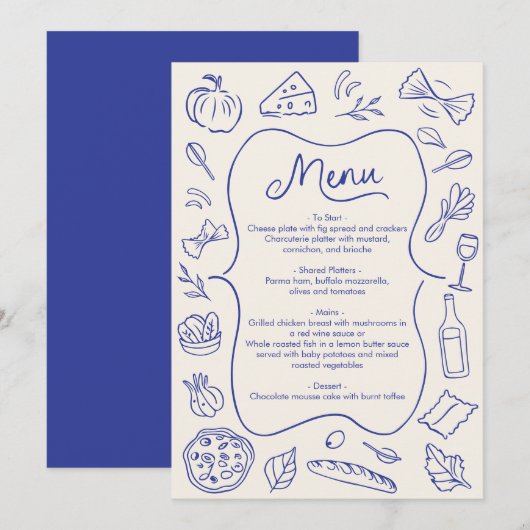 Menu du dîner dessiné à la main bleu italien (Devant / Derrière)