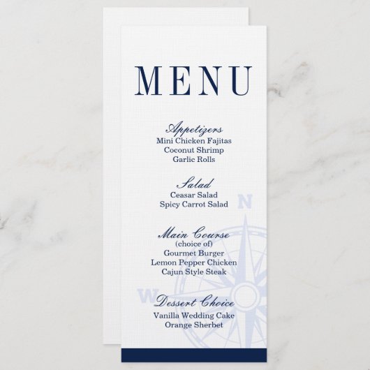 Menu du dîner du Mariage nautique du Rose Compass (Devant / Derrière)