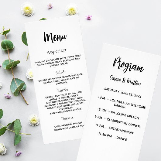 Menu du dîner du programme de mariage blanc noir