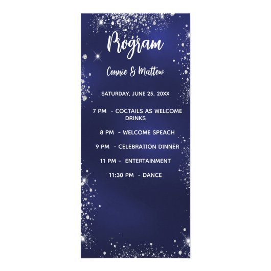 Menu du dîner du programme de mariage bleu marine  (Devant)