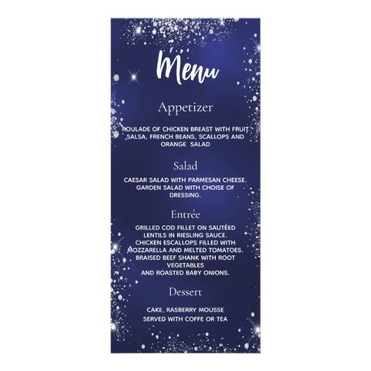 Menu du dîner du programme de mariage bleu marine  (Dos)
