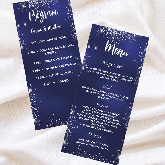Menu du dîner du programme de mariage bleu marine 