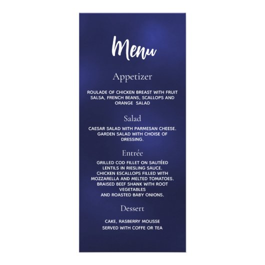 Menu du dîner du programme de mariage bleu marine  (Dos)