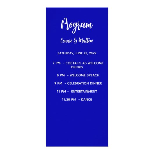 Menu du dîner du programme de mariage bleu royal b (Devant)