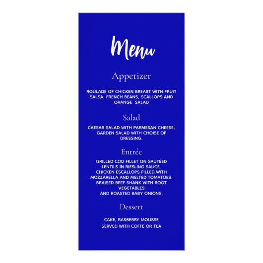 Menu du dîner du programme de mariage bleu royal b (Dos)