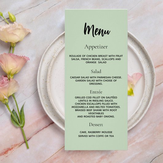 Menu du dîner du programme de mariage vert sauge
