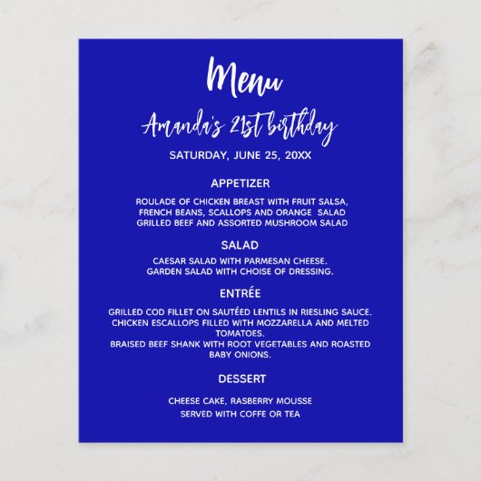 Menu du dîner fête d'anniversaire bleu royal blanc (Devant)