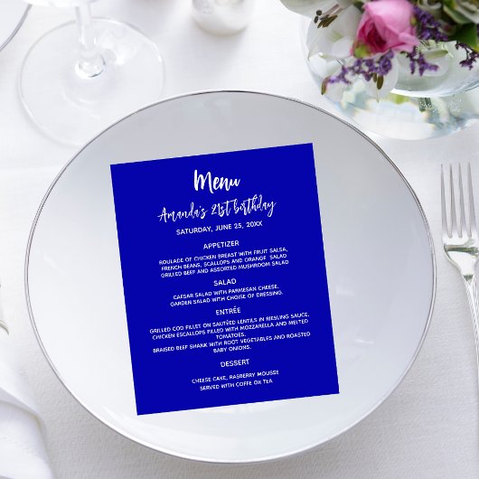 Menu du dîner fête d'anniversaire bleu royal blanc