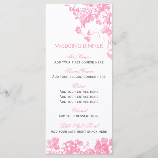 Menu du dîner mariage à fleurs rose gris modèle (Devant)