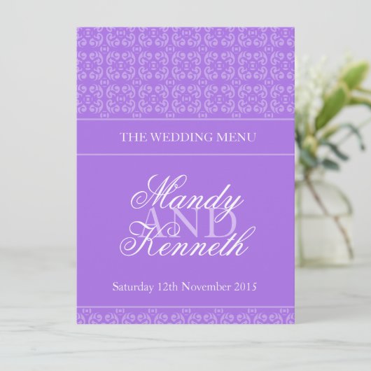 Menu du dîner mariage à motif pourpre (Debout devant)