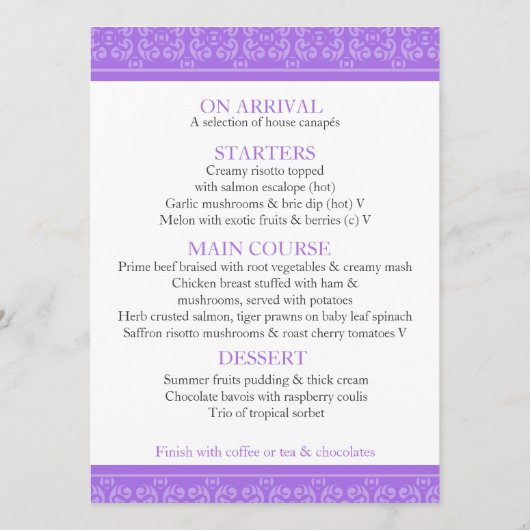 Menu du dîner mariage à motif pourpre (Dos)