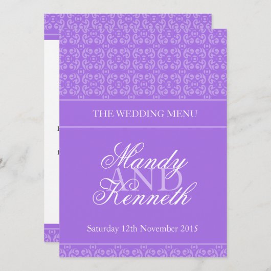 Menu du dîner mariage à motif pourpre (Devant / Derrière)