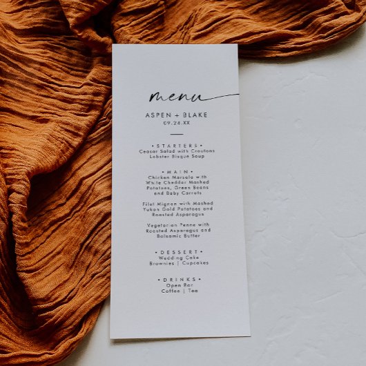 Menu du dîner Mariage à script moderne