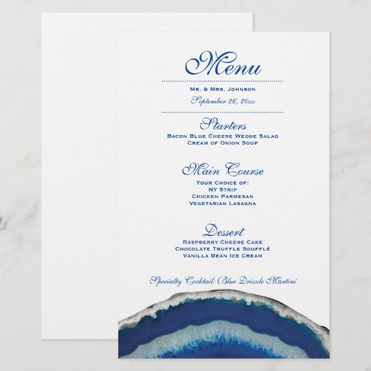 Menu du dîner Mariage Blue Agate (Devant / Derrière)
