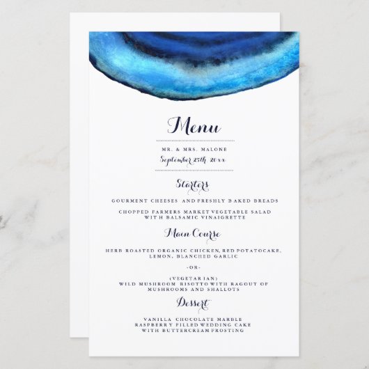 Menu du dîner Mariage Blue Agate (Devant / Derrière)