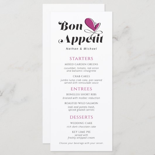 Menu du dîner Mariage Bon Appetit (Devant / Derrière)