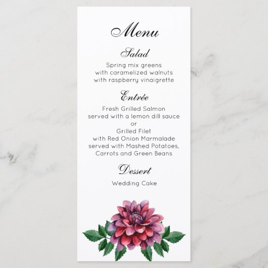 Menu du dîner mariage bordeaux. Dahlias, soirée me (Devant)