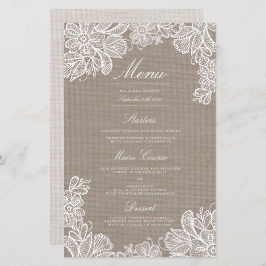 Menu du dîner Mariage Burlap and Lace (Devant / Derrière)