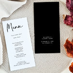 Menu du dîner Mariage de calligraphie noire modern<br><div class="desc">Cette carte de menu mariage simple et moderne comprend de la calligraphie et une police simple pour votre menu mariage sur l'arrière - plan blanc à l'avant et un dossier solide noir. Parfait pour un mariage moderne mais classique ou autre événement, mariage avec un thème noir et blanc ou mariage...</div>