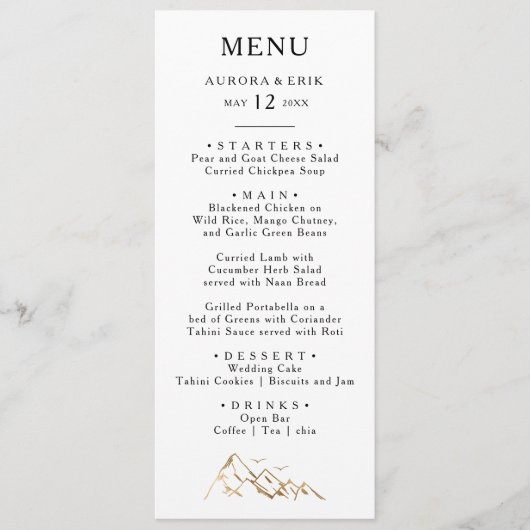 Menu du dîner Mariage Green and Gold Mountain (Devant)