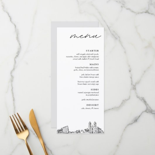 Menu du dîner Mariage moderne Newark Skyline (Devant/Arrière en situation)