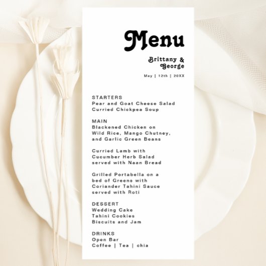 Menu du dîner Mariage moderne rétro