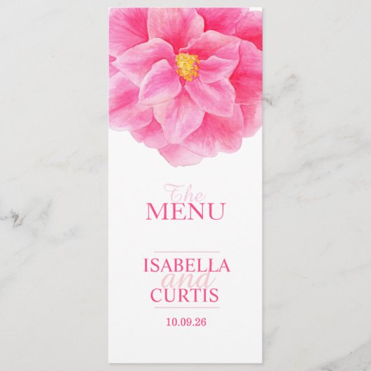Menu du dîner mariage rose Camellia (Devant)