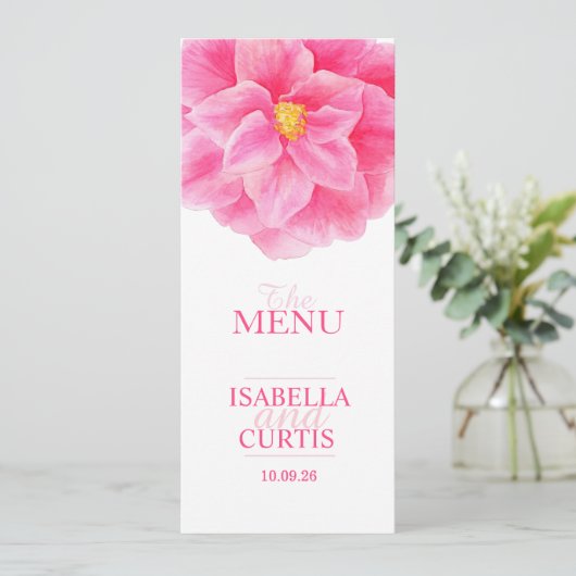 Menu du dîner mariage rose Camellia (Debout devant)